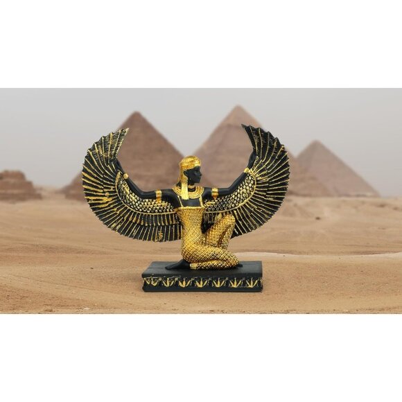 Open Wings Kneeling Egyptian Isis Figurine Ancient Goddess Sculpture Decor - Picture 3 of 6